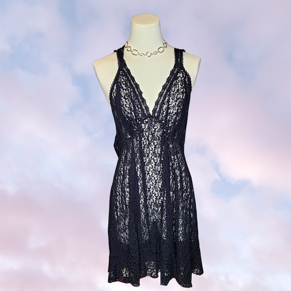 Black Sheer Lace Whimsi Gothic V-Neck Frilly Grunge Boho Lingerie Slip Dress - Picture 1 of 6